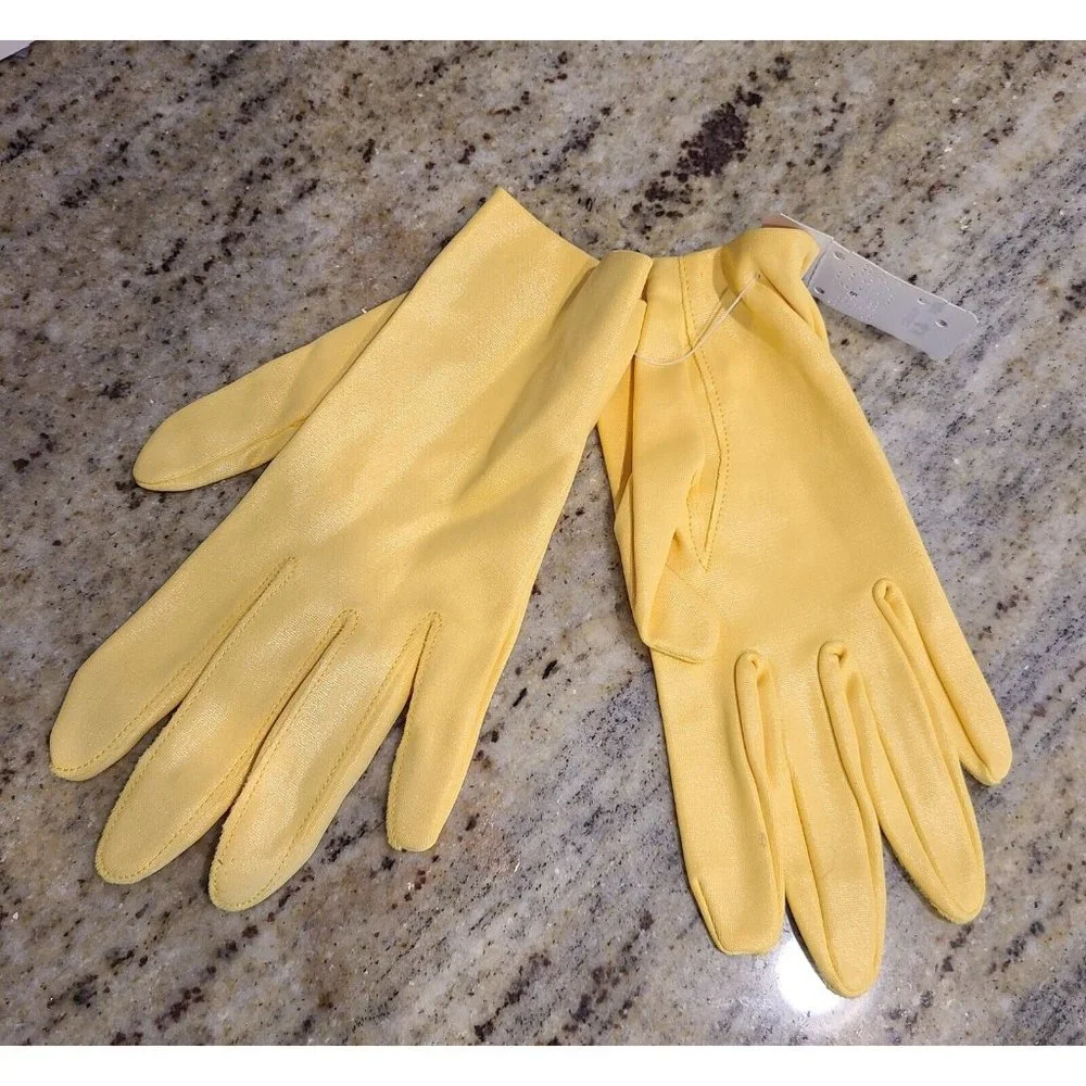New! Vintage Size 6.5 Small Yellow Shiny Nylon Stretch Formal Gloves 7.5